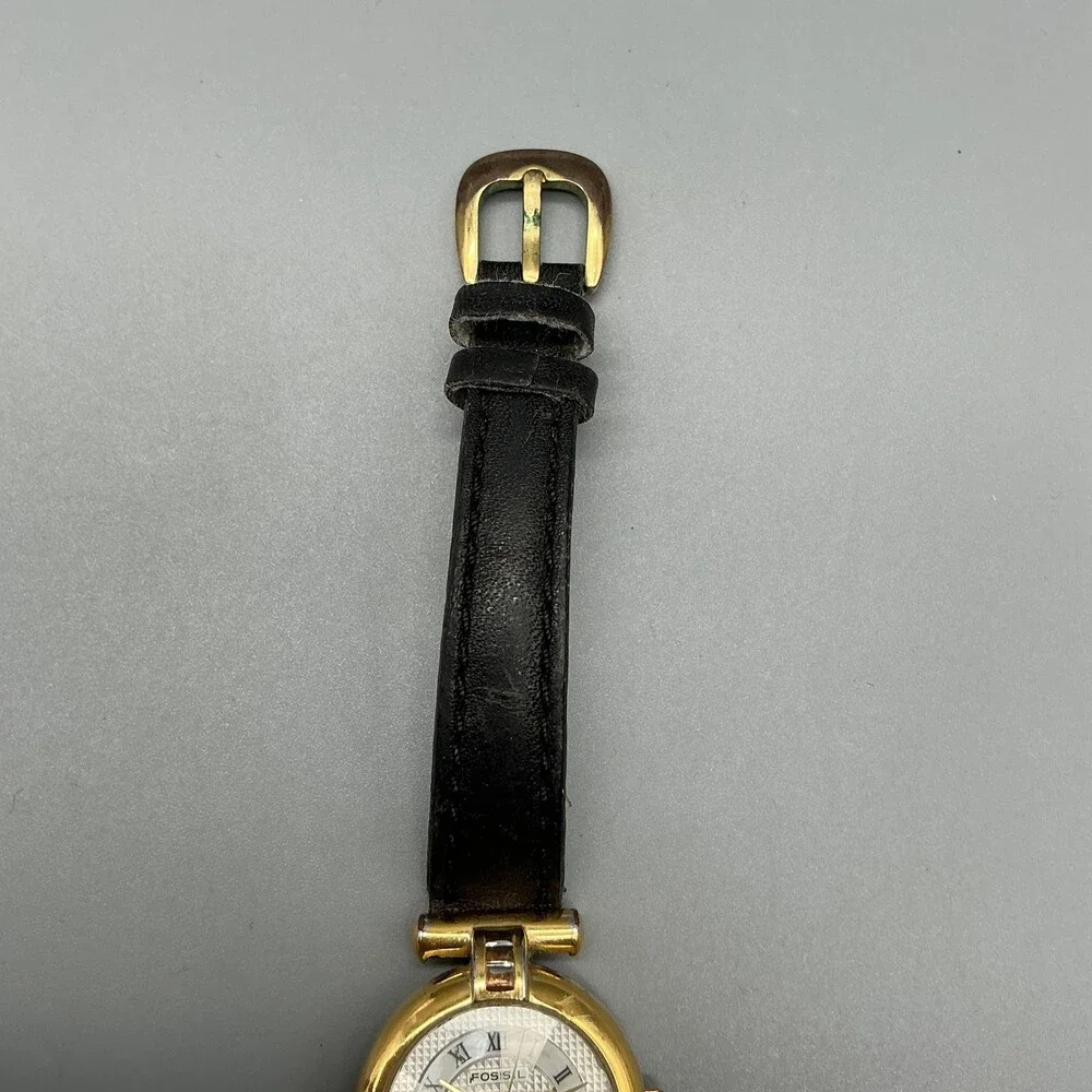 Vintage Fossil Womens Watch 24mm Gold Tone Black Leather PC-9275 New Battery